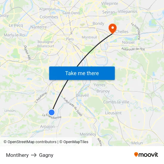 Montlhery to Gagny map