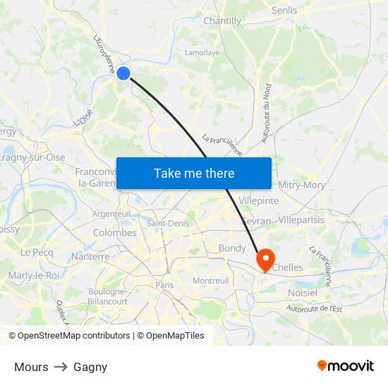 Mours to Gagny map