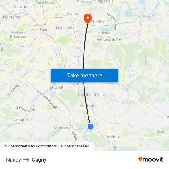 Nandy to Gagny map