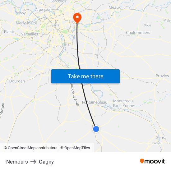 Nemours to Gagny map