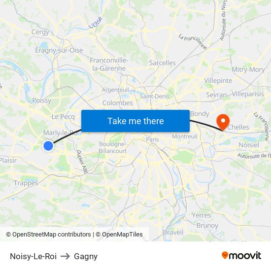 Noisy-Le-Roi to Gagny map