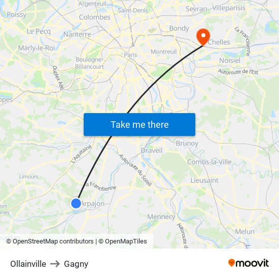 Ollainville to Gagny map