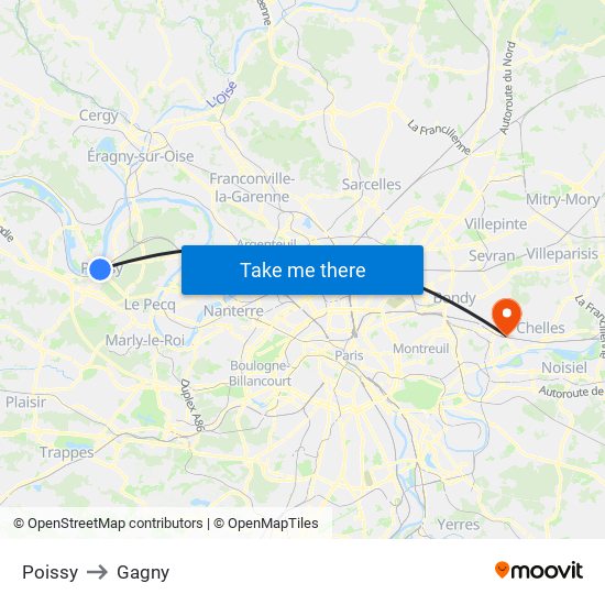 Poissy to Gagny map