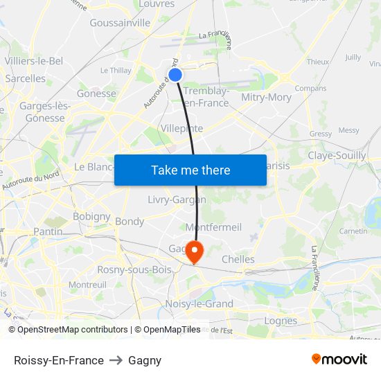 Roissy-En-France to Gagny map