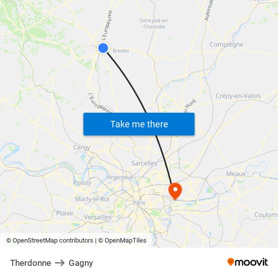 Therdonne to Gagny map