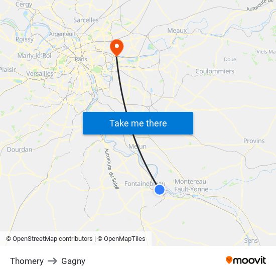Thomery to Gagny map