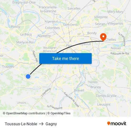 Toussus-Le-Noble to Gagny map