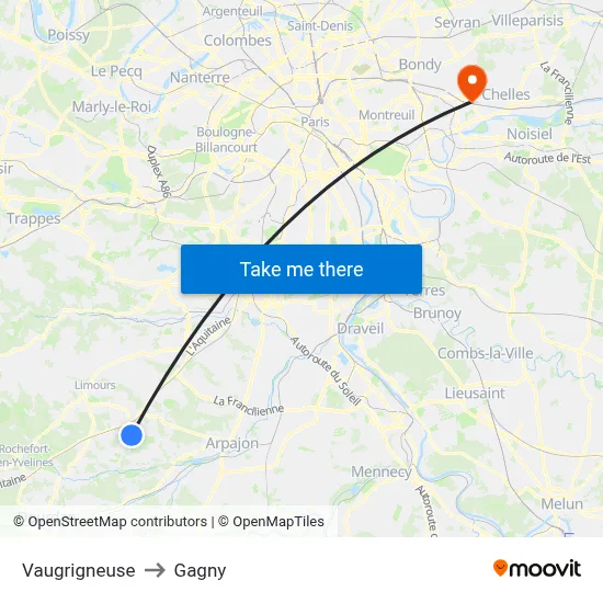 Vaugrigneuse to Gagny map