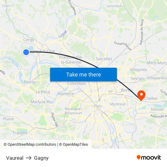 Vaureal to Gagny map