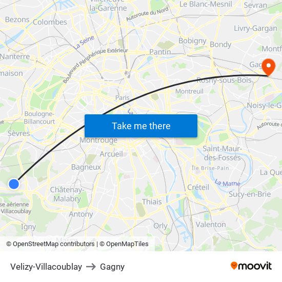 Velizy-Villacoublay to Gagny map