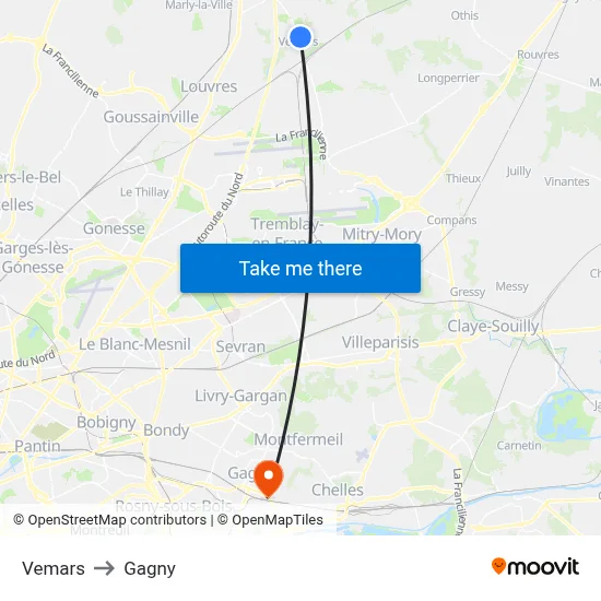 Vemars to Gagny map