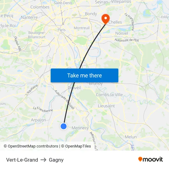 Vert-Le-Grand to Gagny map