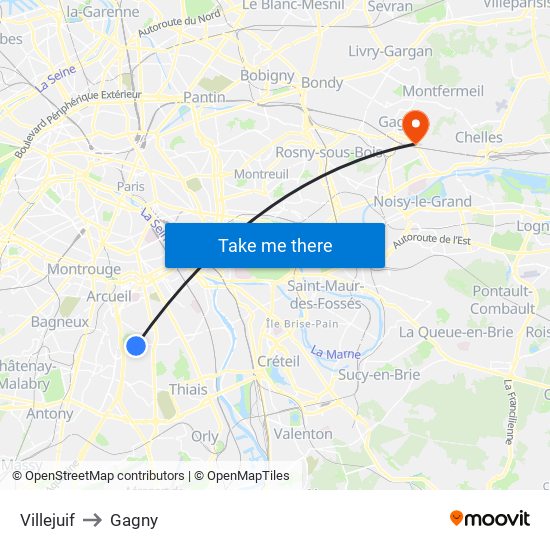 Villejuif to Gagny map