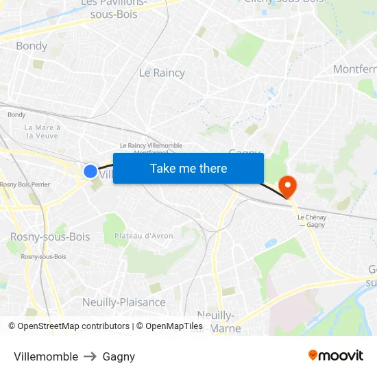Villemomble to Gagny map