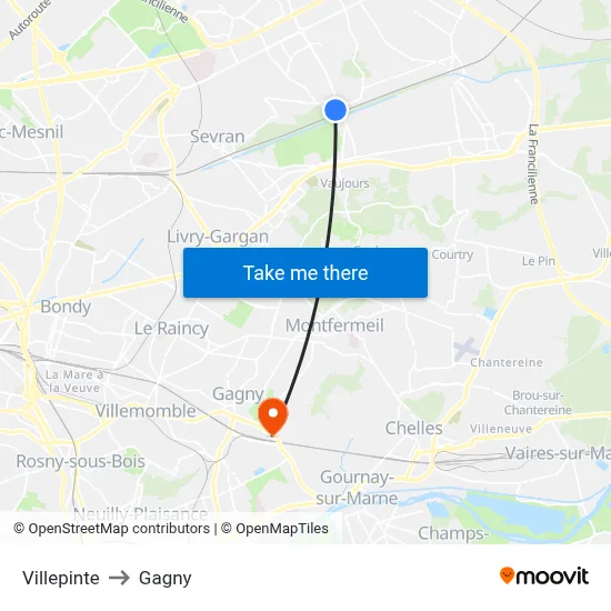 Villepinte to Gagny map