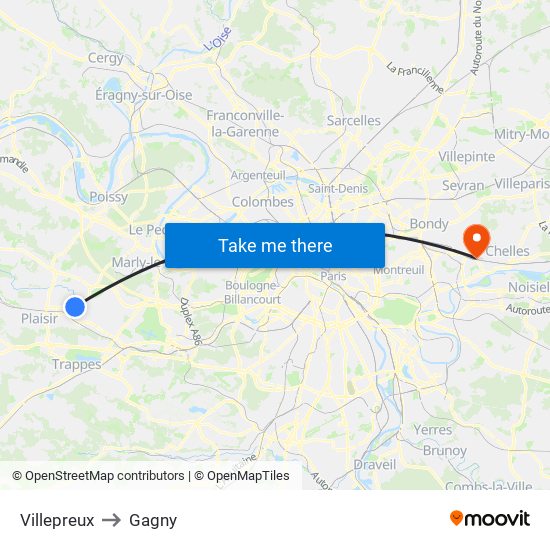 Villepreux to Gagny map