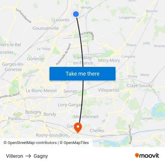 Villeron to Gagny map