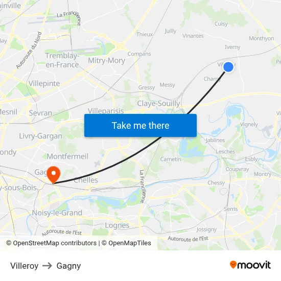 Villeroy to Gagny map