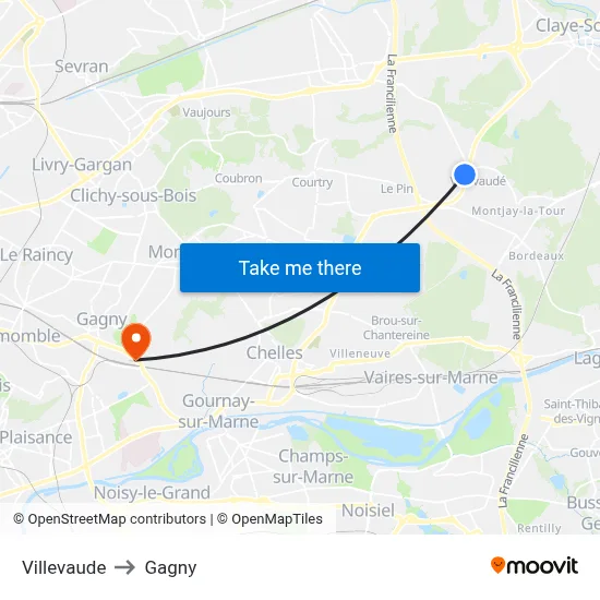 Villevaude to Gagny map