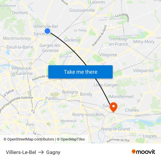 Villiers-Le-Bel to Gagny map