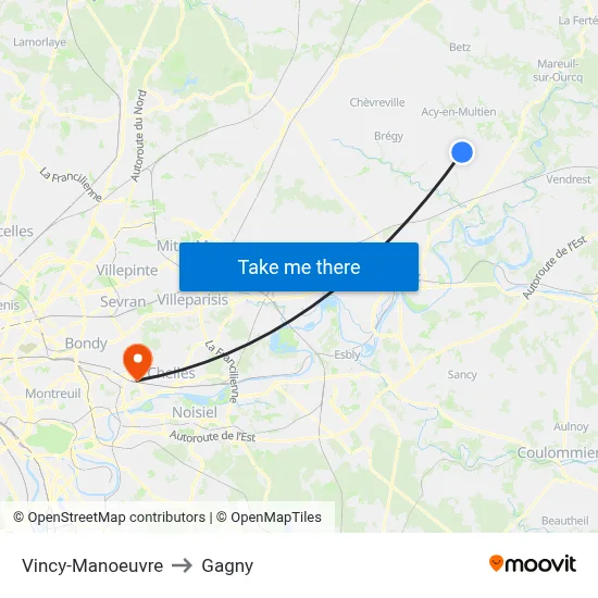 Vincy-Manoeuvre to Gagny map