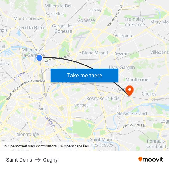 Saint-Denis to Gagny map