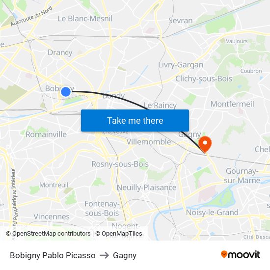 Bobigny Pablo Picasso to Gagny map