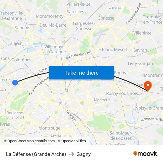La Défense (Grande Arche) to Gagny map