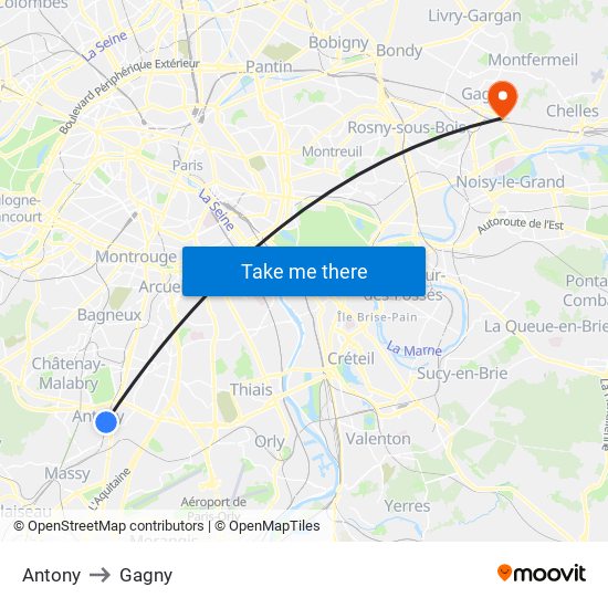 Antony to Gagny map