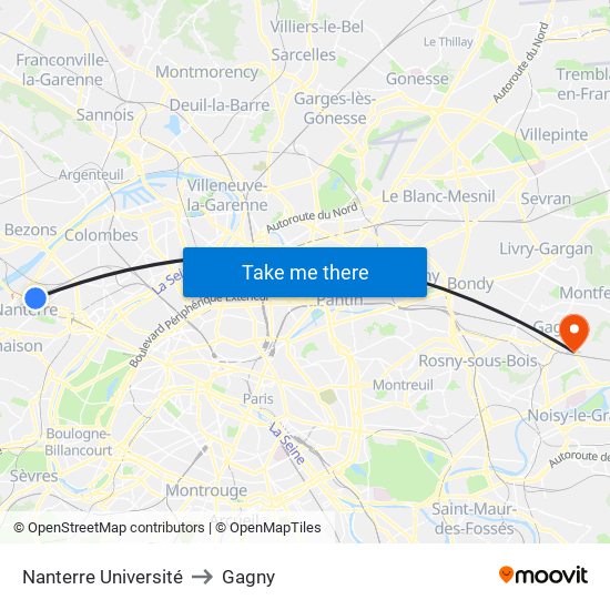 Nanterre Université to Gagny map