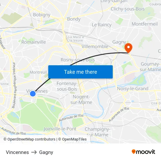Vincennes to Gagny map