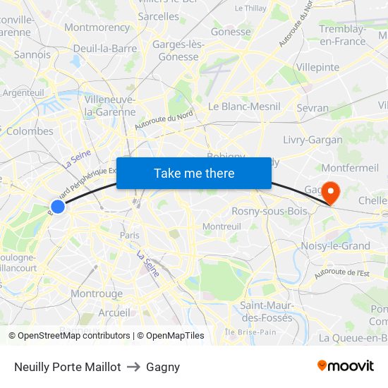 Neuilly Porte Maillot to Gagny map