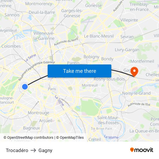 Trocadéro to Gagny map