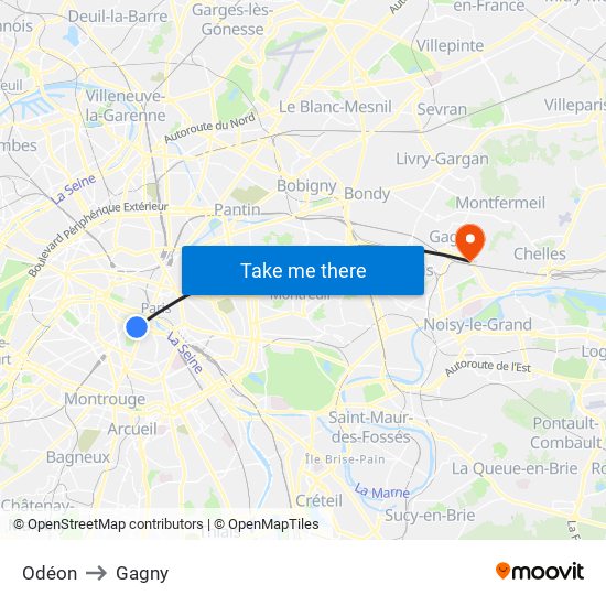 Odéon to Gagny map