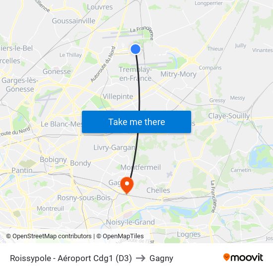 Roissypole - Aéroport Cdg1 (D3) to Gagny map