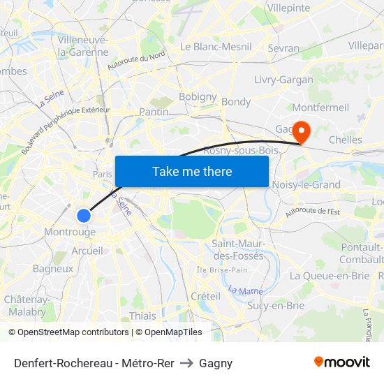 Denfert-Rochereau - Métro-Rer to Gagny map
