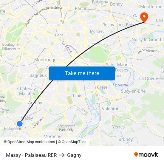 Massy - Palaiseau RER to Gagny map