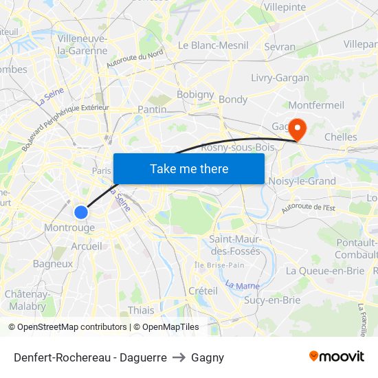 Denfert-Rochereau - Daguerre to Gagny map
