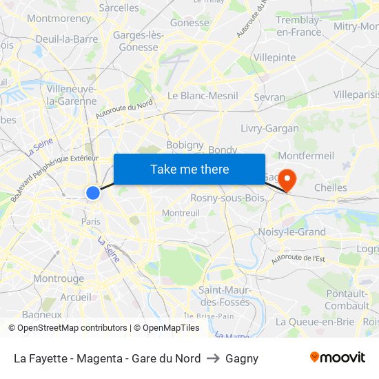 La Fayette - Magenta - Gare du Nord to Gagny map