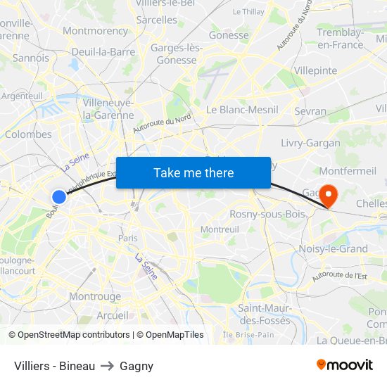 Villiers - Bineau to Gagny map