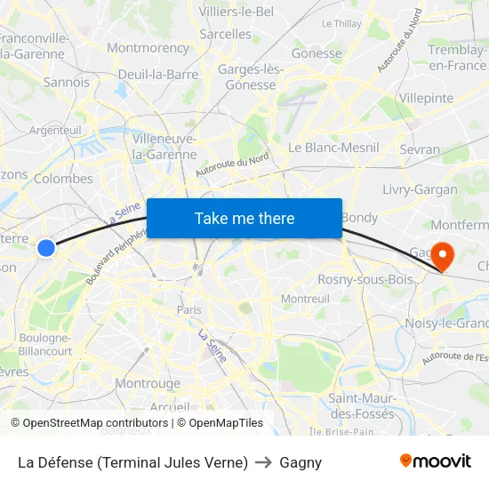 La Défense (Terminal Jules Verne) to Gagny map
