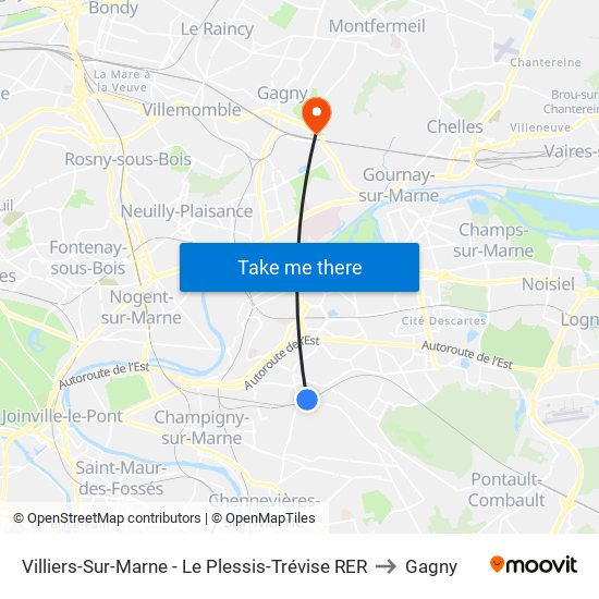 Villiers-Sur-Marne - Le Plessis-Trévise RER to Gagny map
