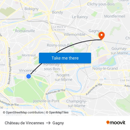 Château de Vincennes to Gagny map