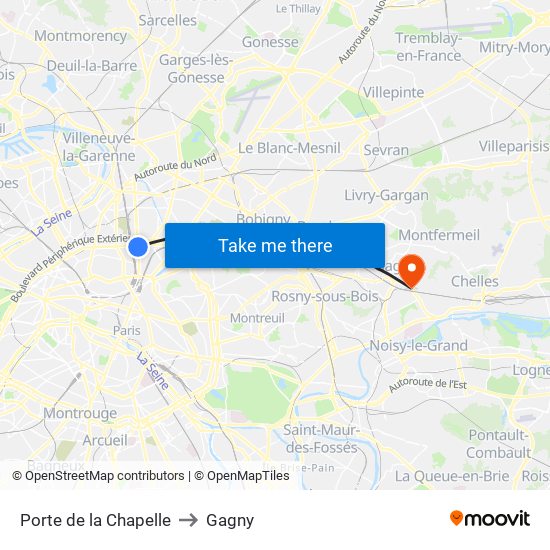 Porte de la Chapelle to Gagny map