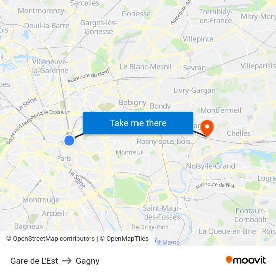 Gare de L'Est to Gagny map