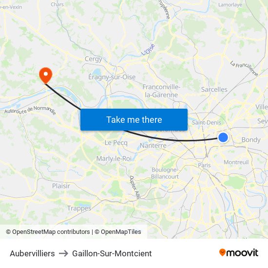 Aubervilliers to Gaillon-Sur-Montcient map