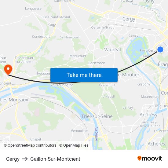 Cergy to Gaillon-Sur-Montcient map