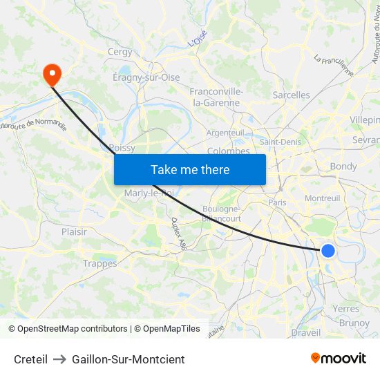 Creteil to Gaillon-Sur-Montcient map