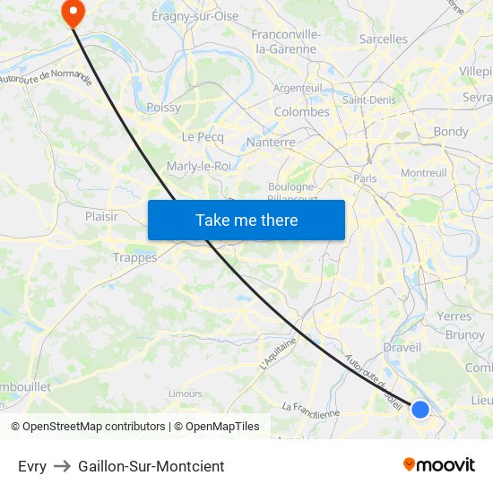 Evry to Gaillon-Sur-Montcient map