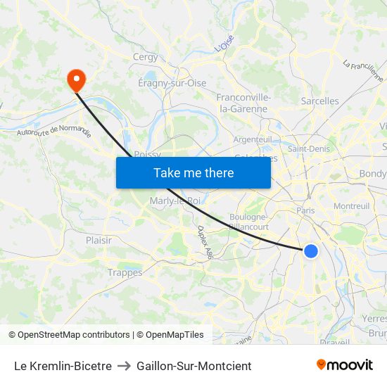 Le Kremlin-Bicetre to Gaillon-Sur-Montcient map